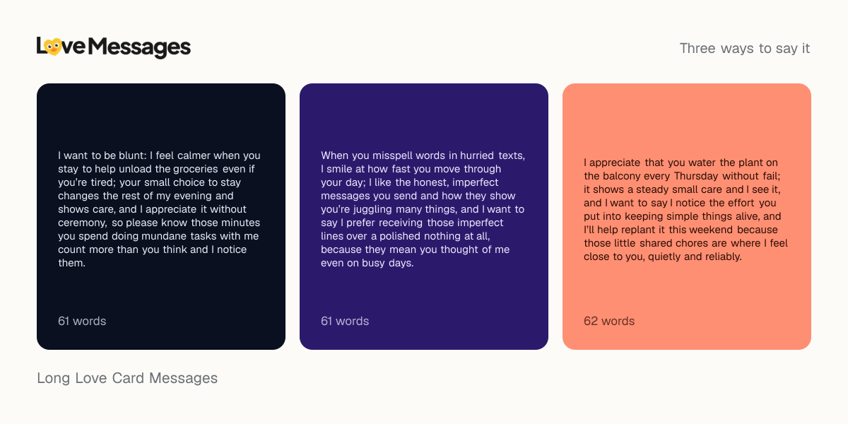 Three messages from this collection, each shown on a coloured card with its word count