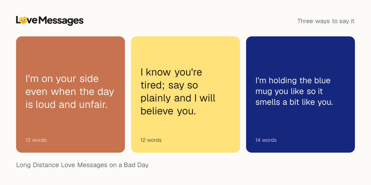 Three messages from this collection, each shown on a coloured card with its word count