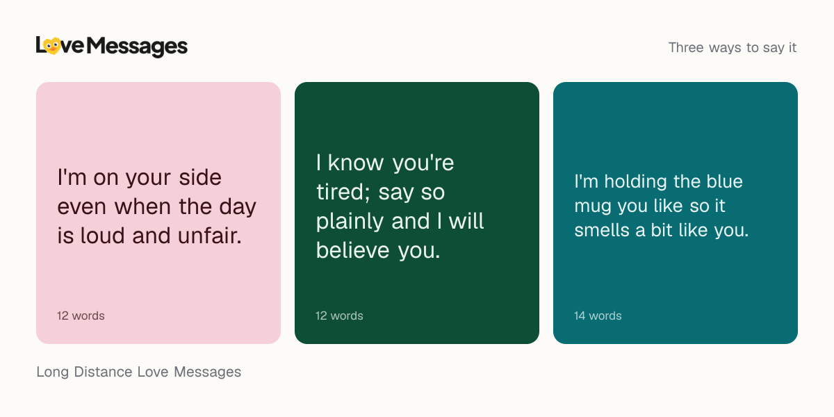 Three messages from this collection, each shown on a coloured card with its word count