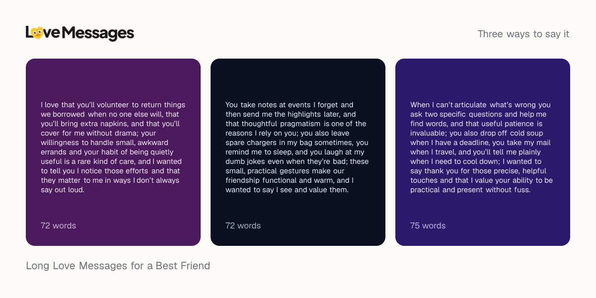 Three messages from this collection, each shown on a coloured card with its word count