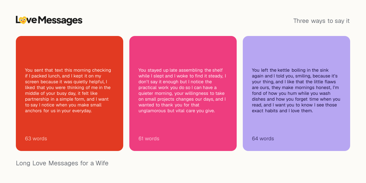 Three messages from this collection, each shown on a coloured card with its word count