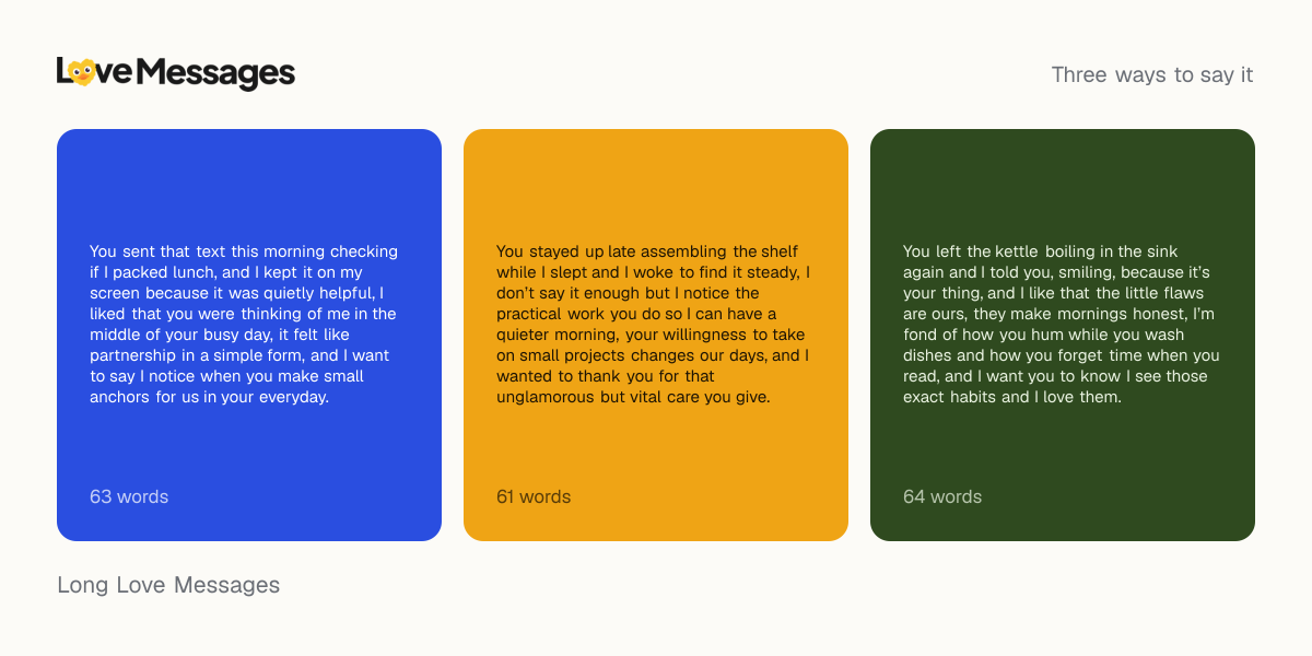Three messages from this collection, each shown on a coloured card with its word count