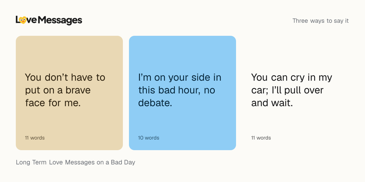 Three messages from this collection, each shown on a coloured card with its word count