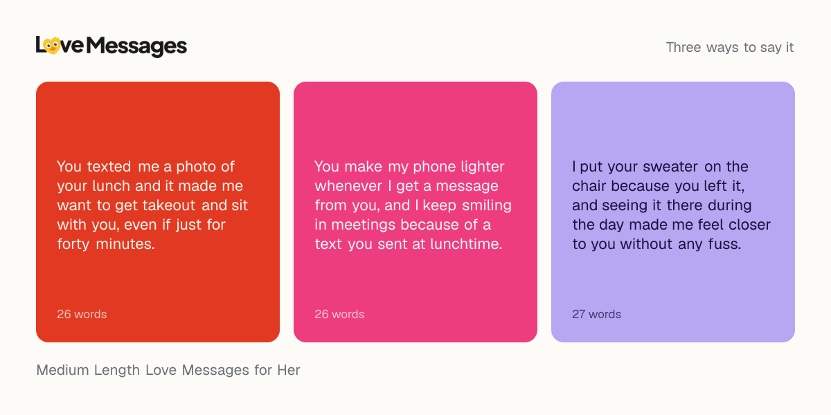 Three messages from this collection, each shown on a coloured card with its word count
