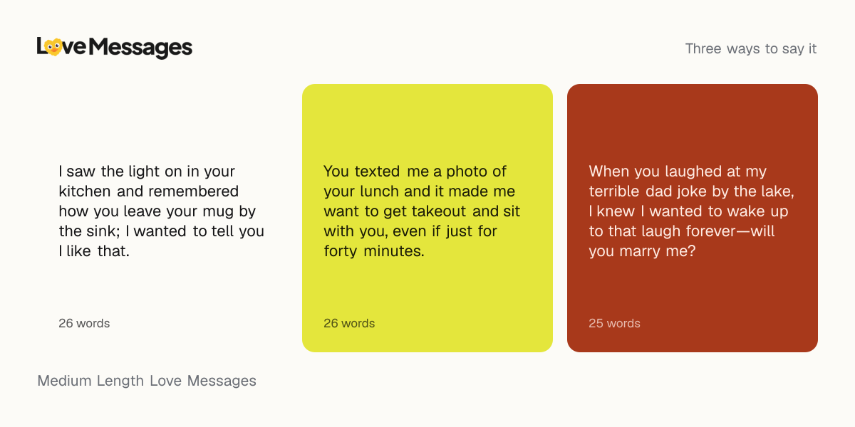 Three messages from this collection, each shown on a coloured card with its word count