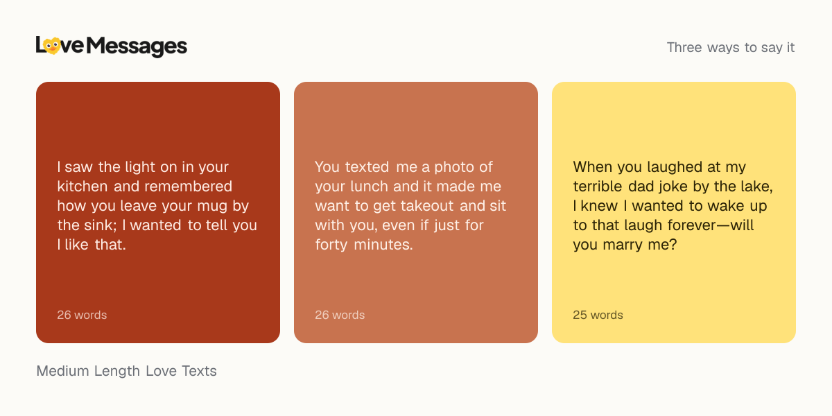 Three messages from this collection, each shown on a coloured card with its word count
