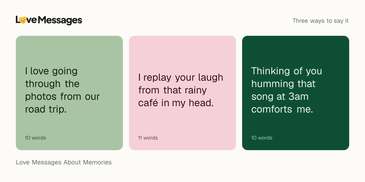 Three messages from this collection, each shown on a coloured card with its word count