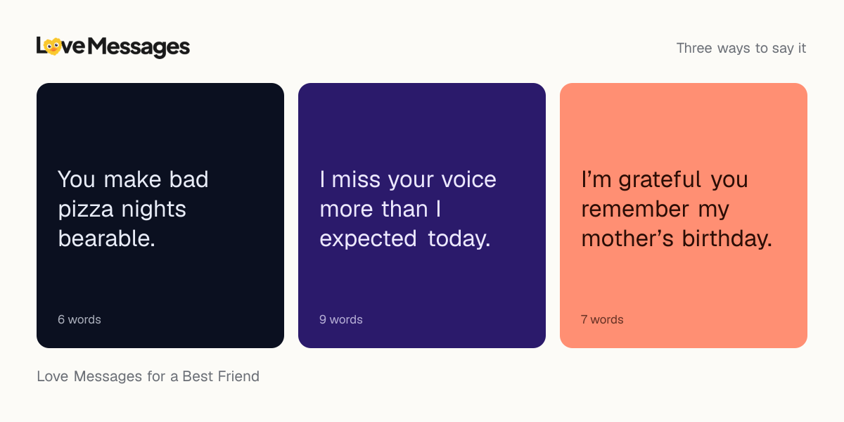 Three messages from this collection, each shown on a coloured card with its word count