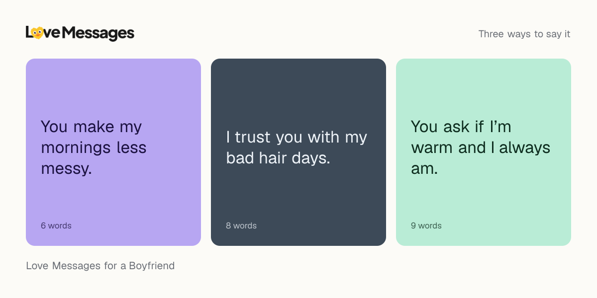 Three messages from this collection, each shown on a coloured card with its word count