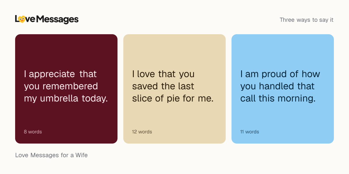 Three messages from this collection, each shown on a coloured card with its word count