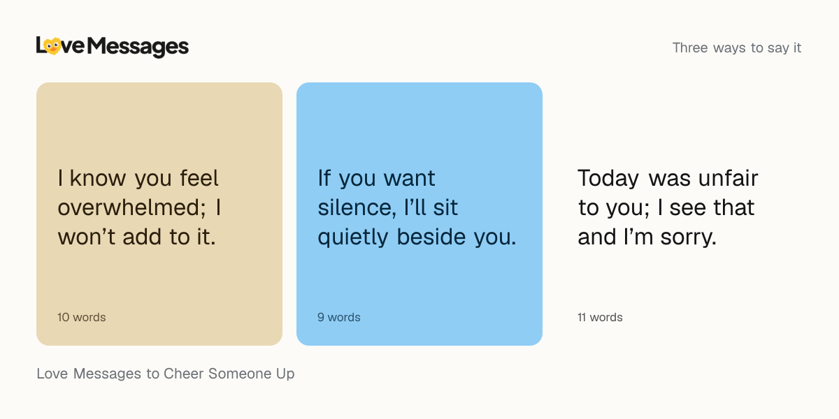 Three messages from this collection, each shown on a coloured card with its word count