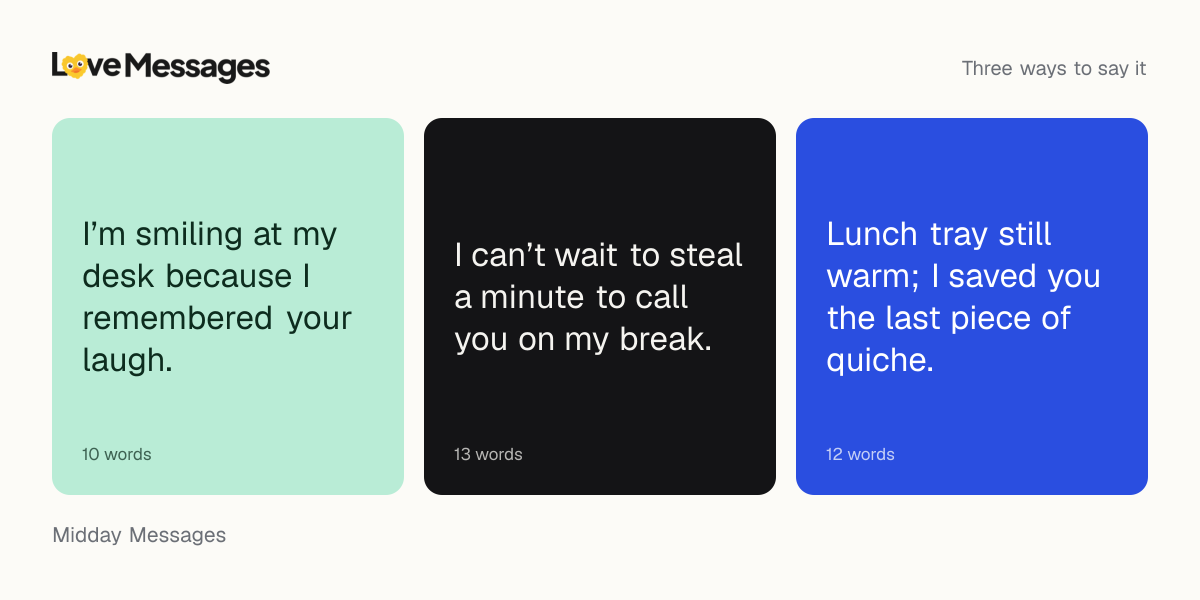 Three messages from this collection, each shown on a coloured card with its word count