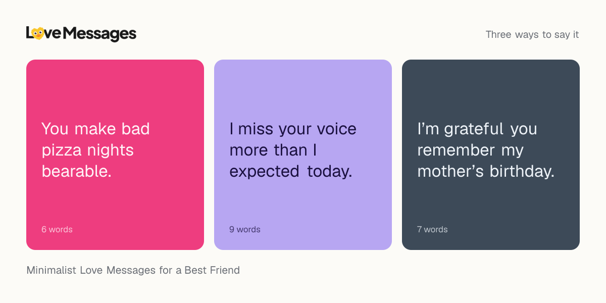 Three messages from this collection, each shown on a coloured card with its word count