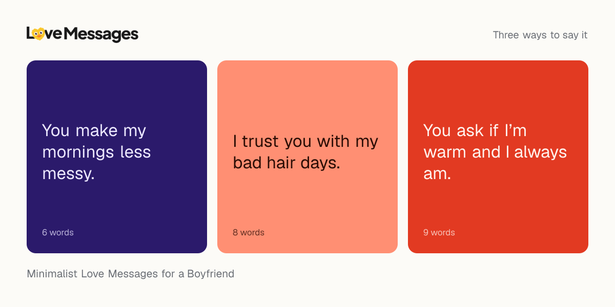 Three messages from this collection, each shown on a coloured card with its word count