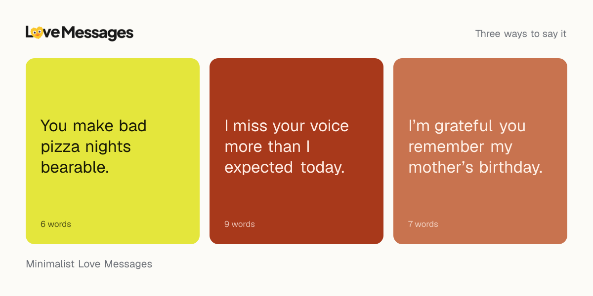 Three messages from this collection, each shown on a coloured card with its word count