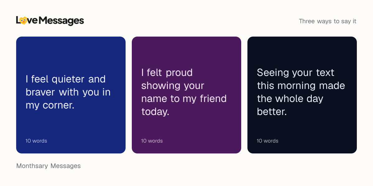 Three messages from this collection, each shown on a coloured card with its word count