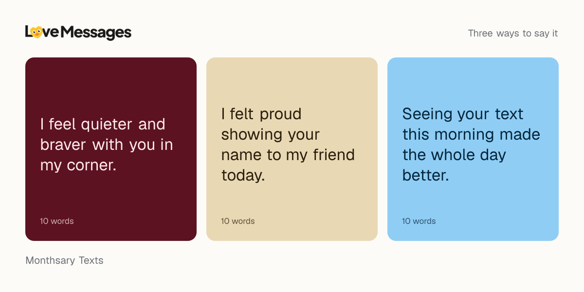 Three messages from this collection, each shown on a coloured card with its word count