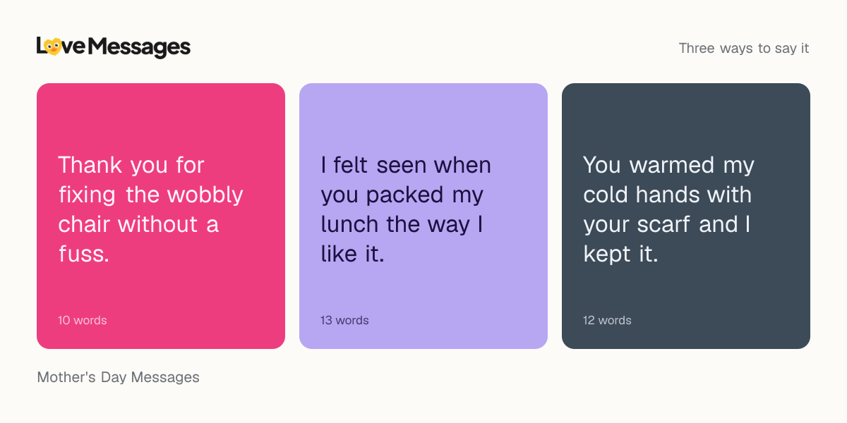Three messages from this collection, each shown on a coloured card with its word count