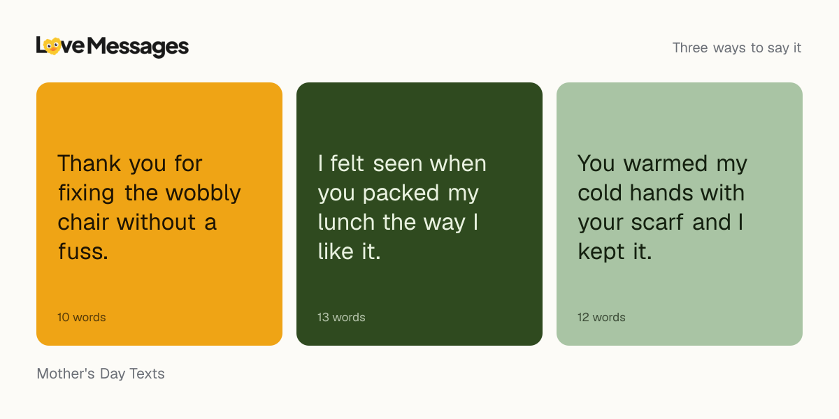Three messages from this collection, each shown on a coloured card with its word count