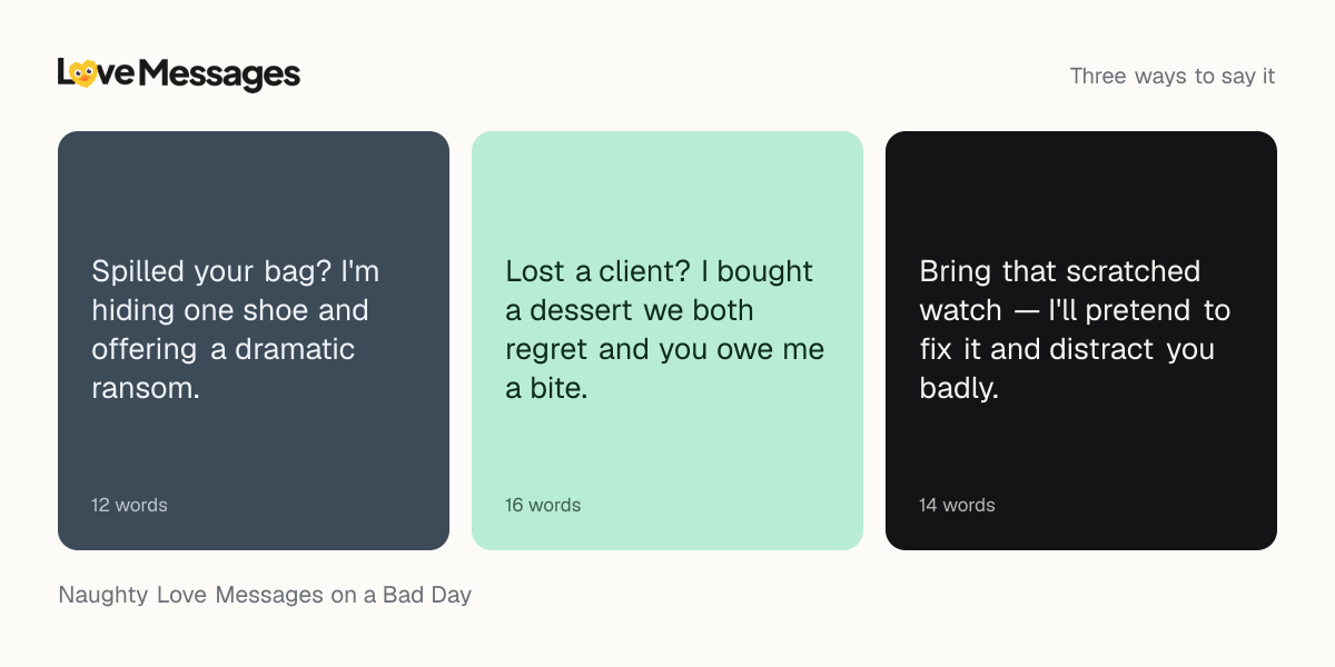 Three messages from this collection, each shown on a coloured card with its word count