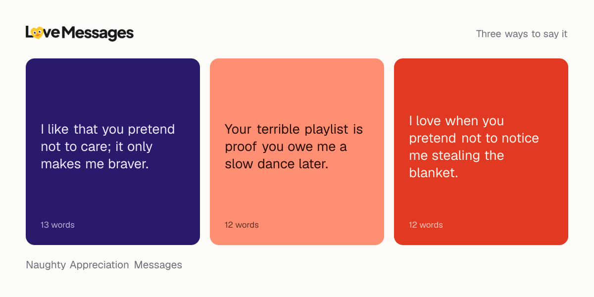 Three messages from this collection, each shown on a coloured card with its word count