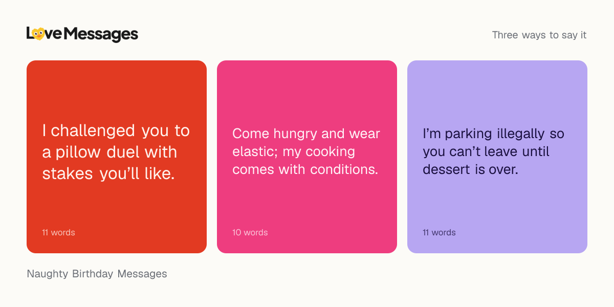 Three messages from this collection, each shown on a coloured card with its word count