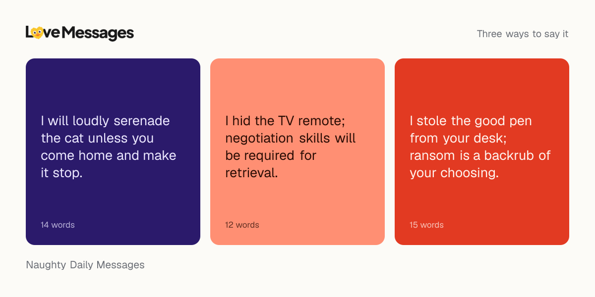 Three messages from this collection, each shown on a coloured card with its word count
