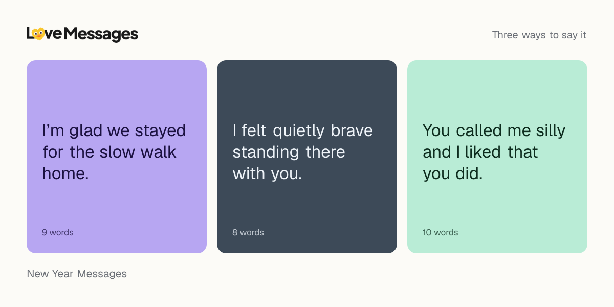 Three messages from this collection, each shown on a coloured card with its word count