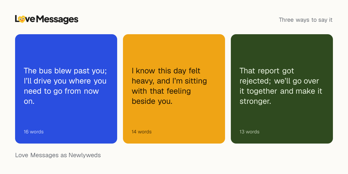 Three messages from this collection, each shown on a coloured card with its word count