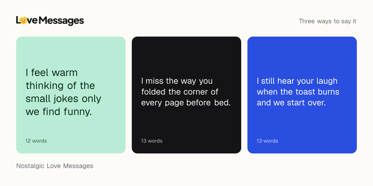 Three messages from this collection, each shown on a coloured card with its word count