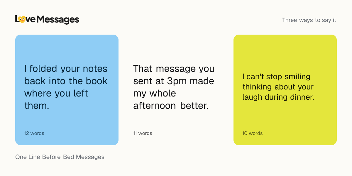 Three messages from this collection, each shown on a coloured card with its word count