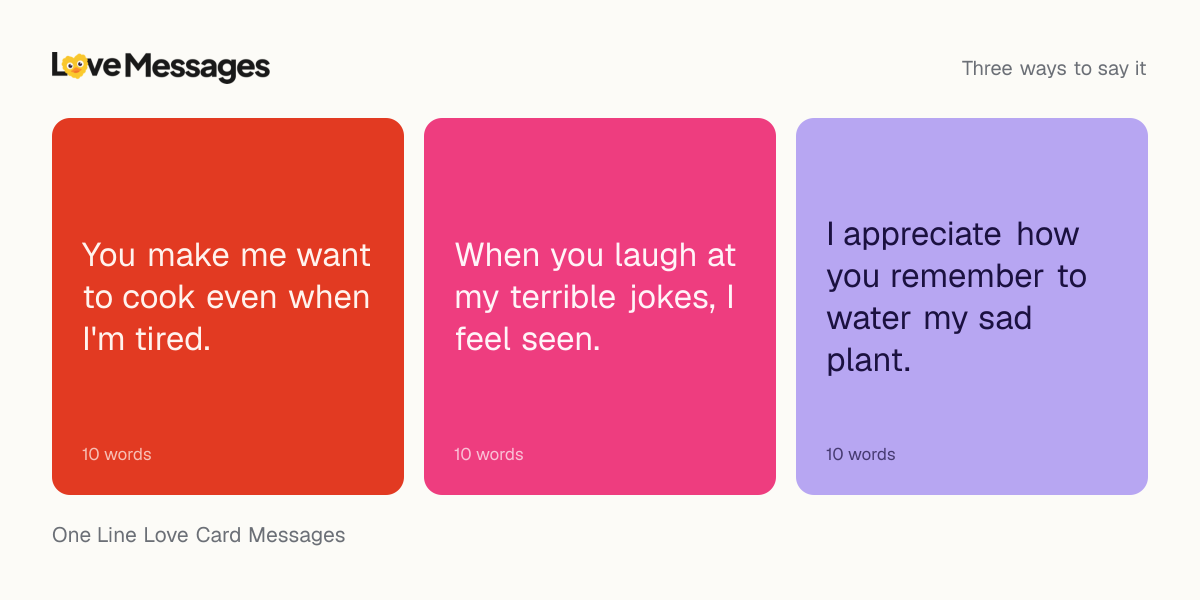 Three messages from this collection, each shown on a coloured card with its word count