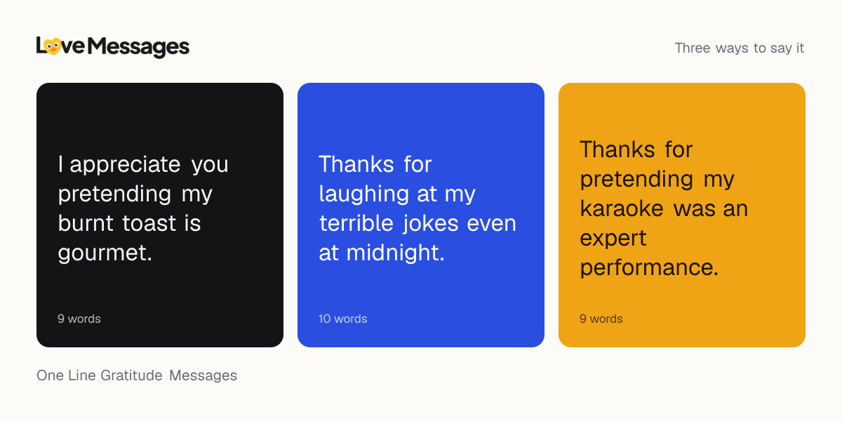 Three messages from this collection, each shown on a coloured card with its word count