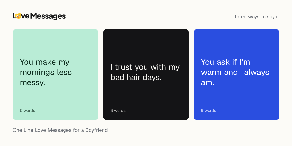 Three messages from this collection, each shown on a coloured card with its word count