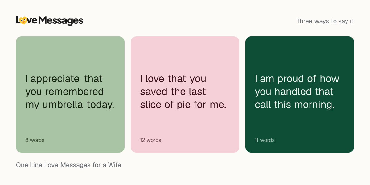 Three messages from this collection, each shown on a coloured card with its word count
