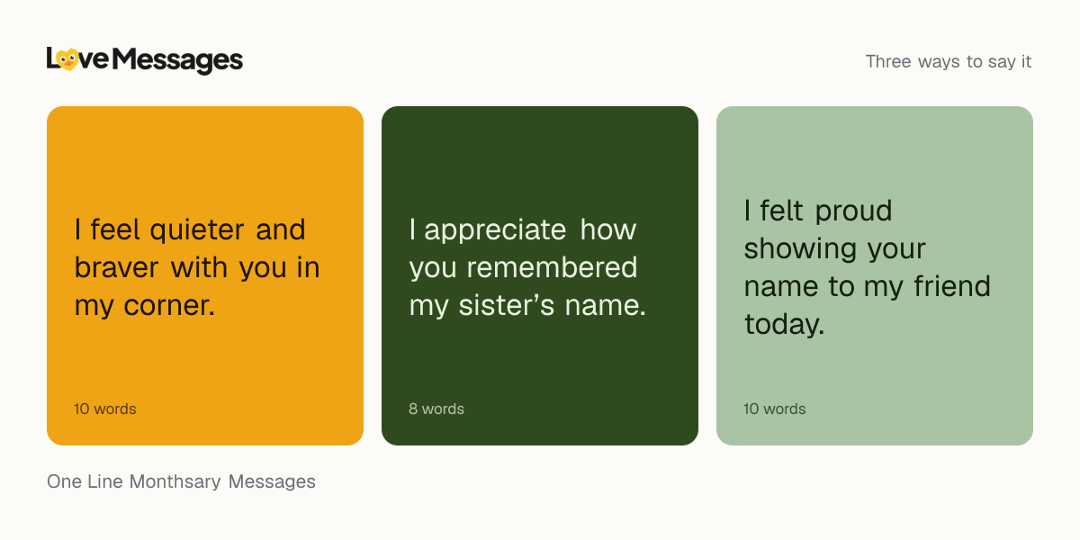 Three messages from this collection, each shown on a coloured card with its word count