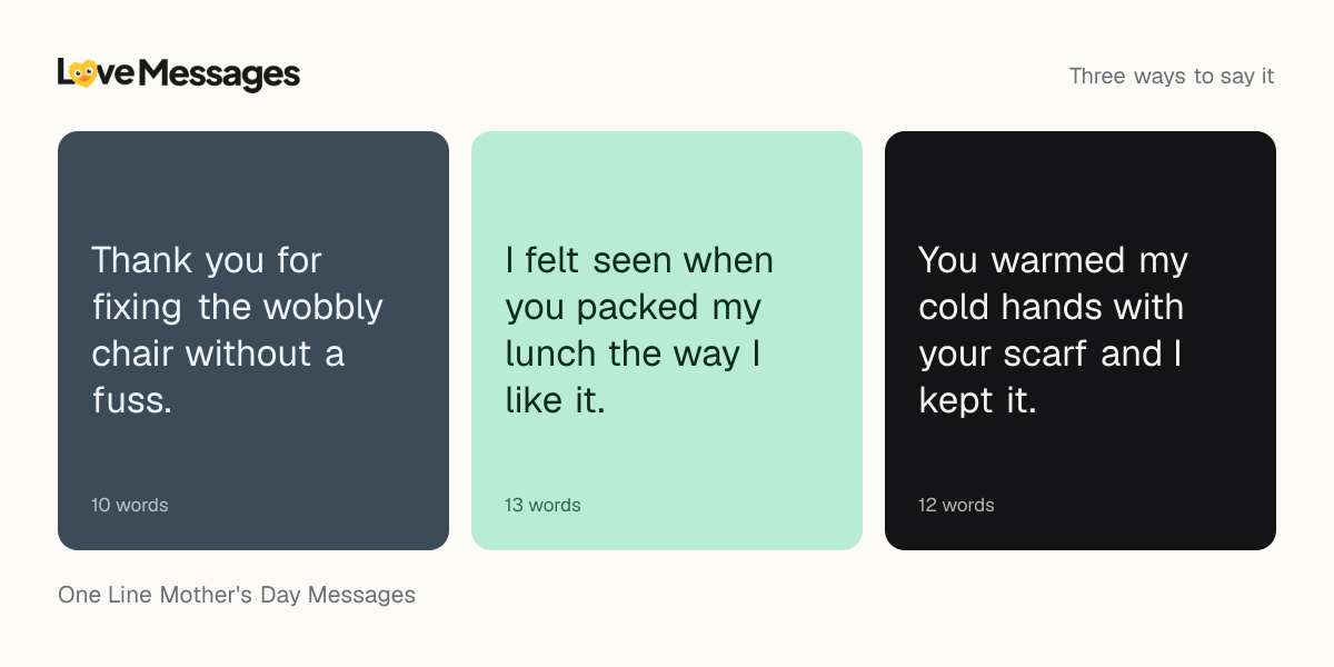 Three messages from this collection, each shown on a coloured card with its word count
