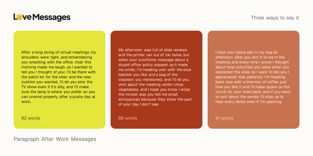 Three messages from this collection, each shown on a coloured card with its word count