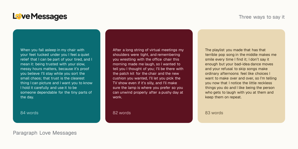 Three messages from this collection, each shown on a coloured card with its word count