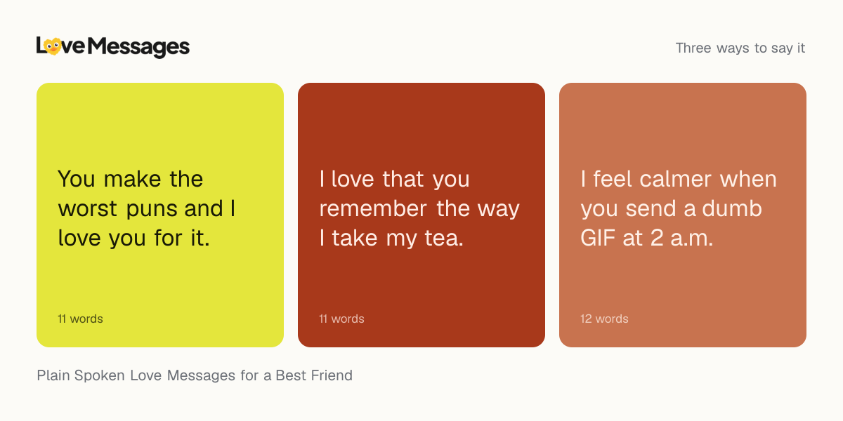 Three messages from this collection, each shown on a coloured card with its word count