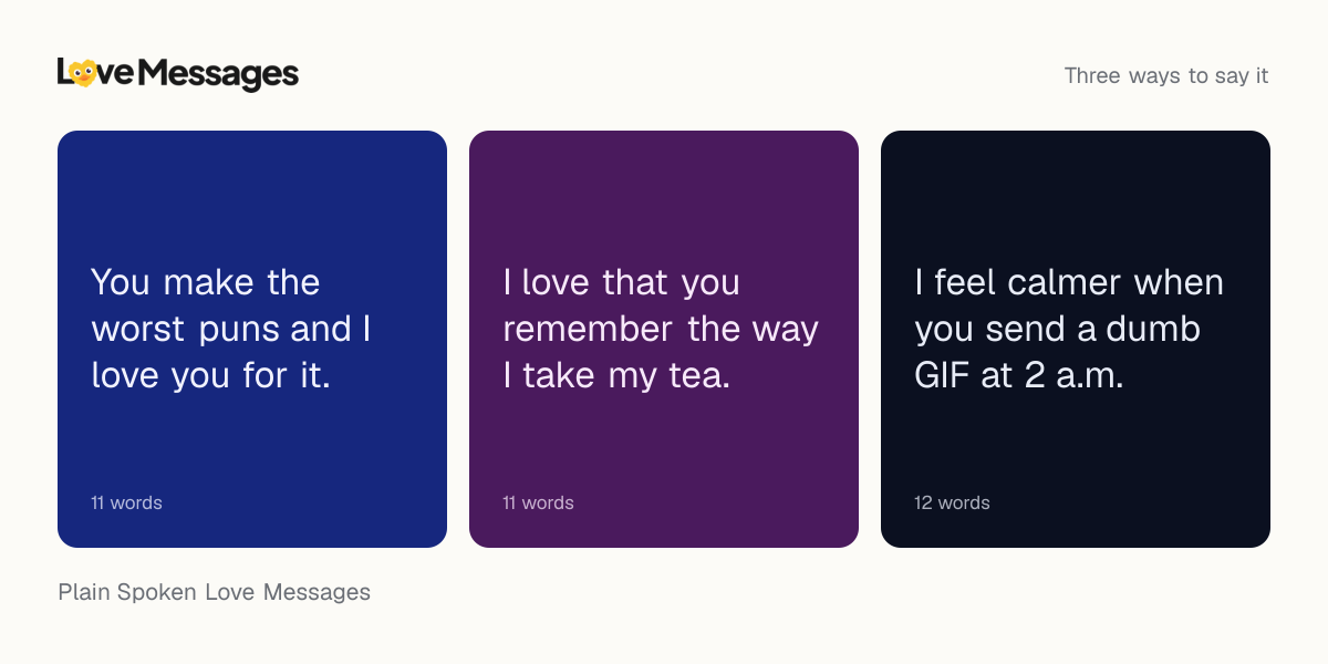 Three messages from this collection, each shown on a coloured card with its word count