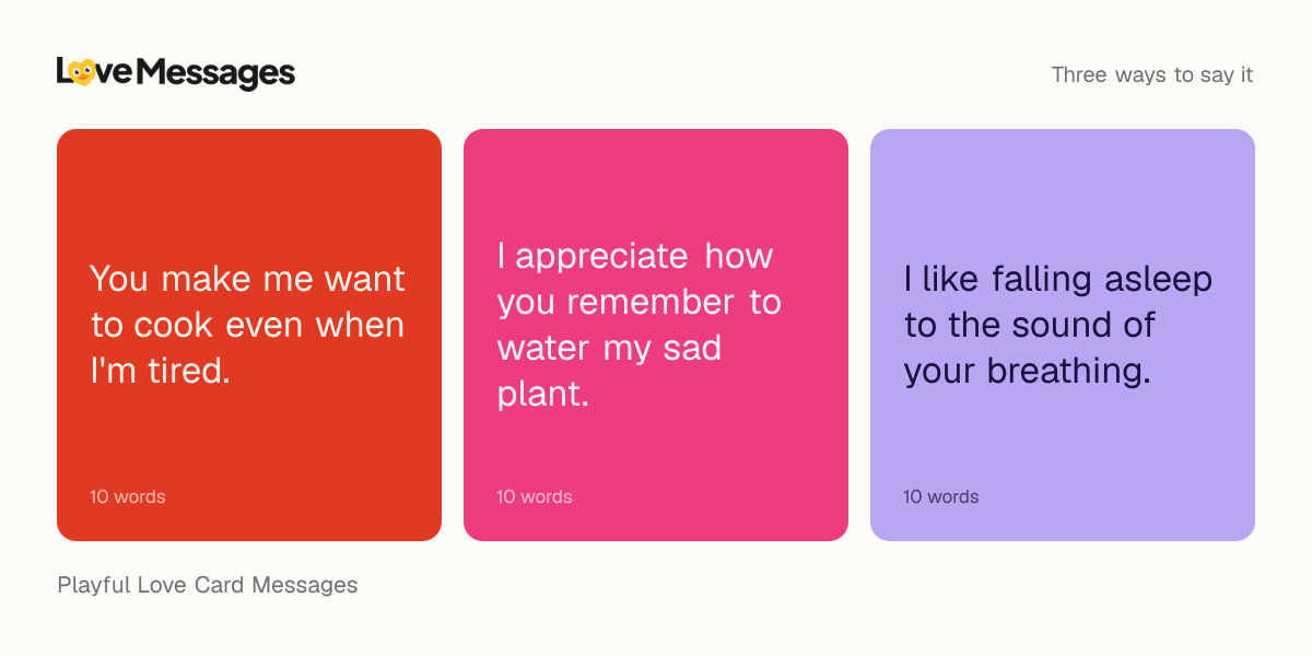Three messages from this collection, each shown on a coloured card with its word count