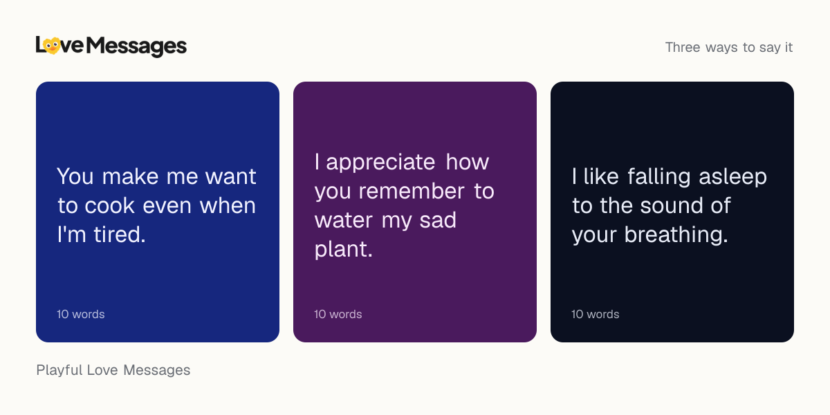 Three messages from this collection, each shown on a coloured card with its word count