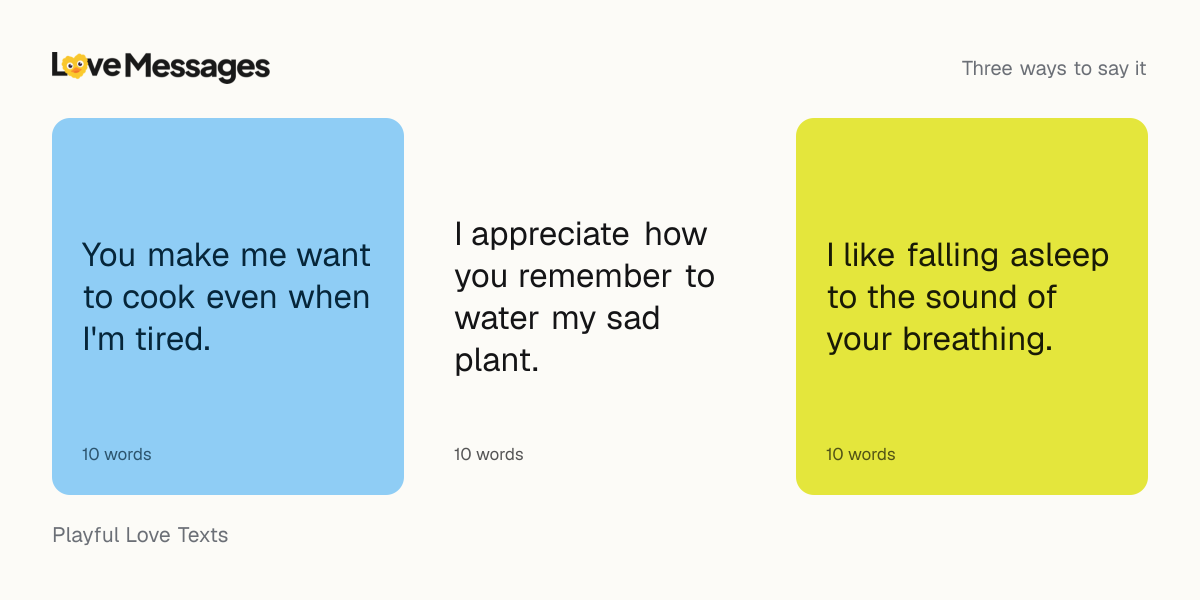 Three messages from this collection, each shown on a coloured card with its word count