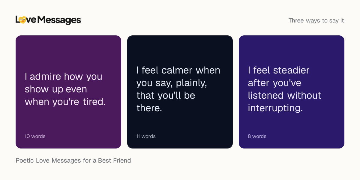 Three messages from this collection, each shown on a coloured card with its word count