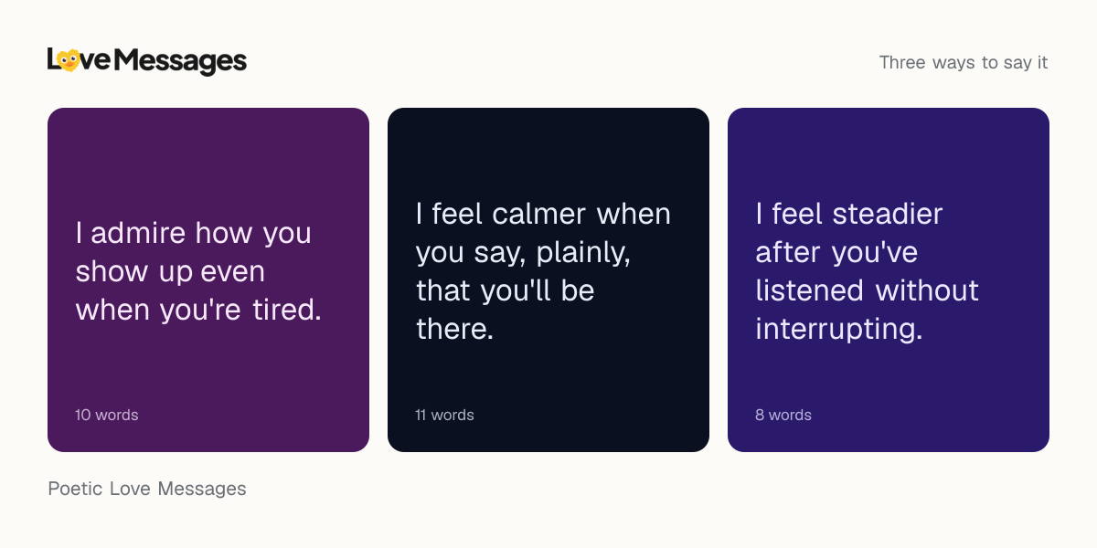 Three messages from this collection, each shown on a coloured card with its word count
