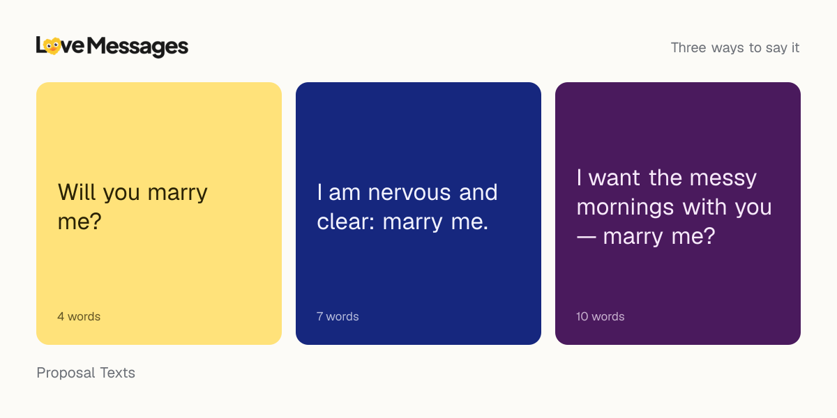 Three messages from this collection, each shown on a coloured card with its word count
