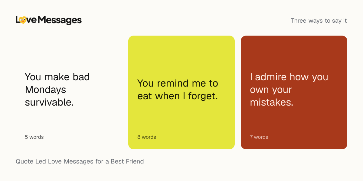 Three messages from this collection, each shown on a coloured card with its word count