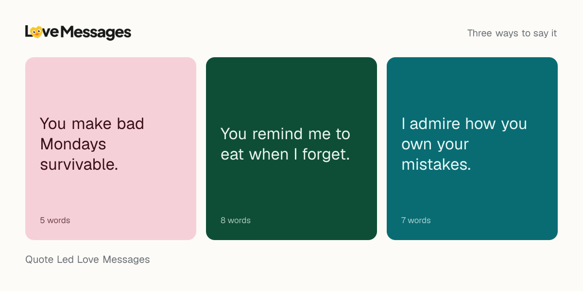 Three messages from this collection, each shown on a coloured card with its word count
