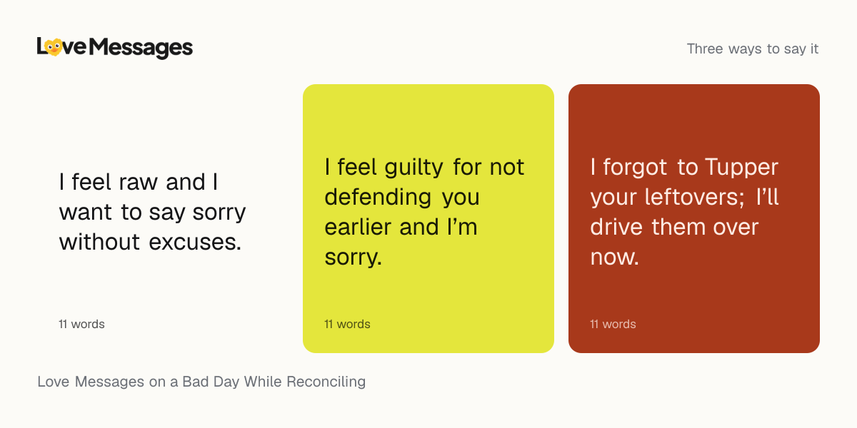 Three messages from this collection, each shown on a coloured card with its word count